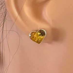 Sterling silver pierced earrings heart amber color jewelry